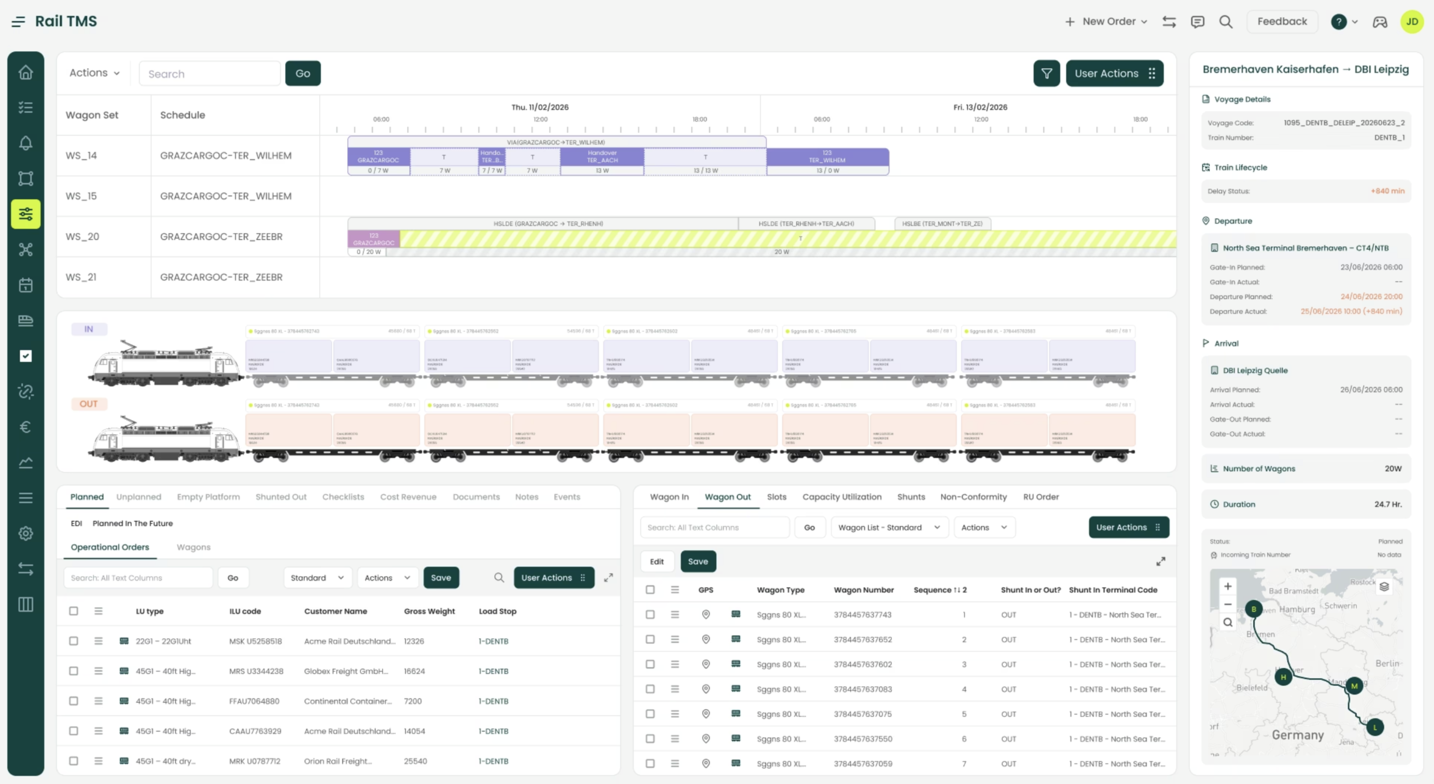 Rail TMS transport management interface showing a schedule timeline, wagon status, operational orders and a route map.