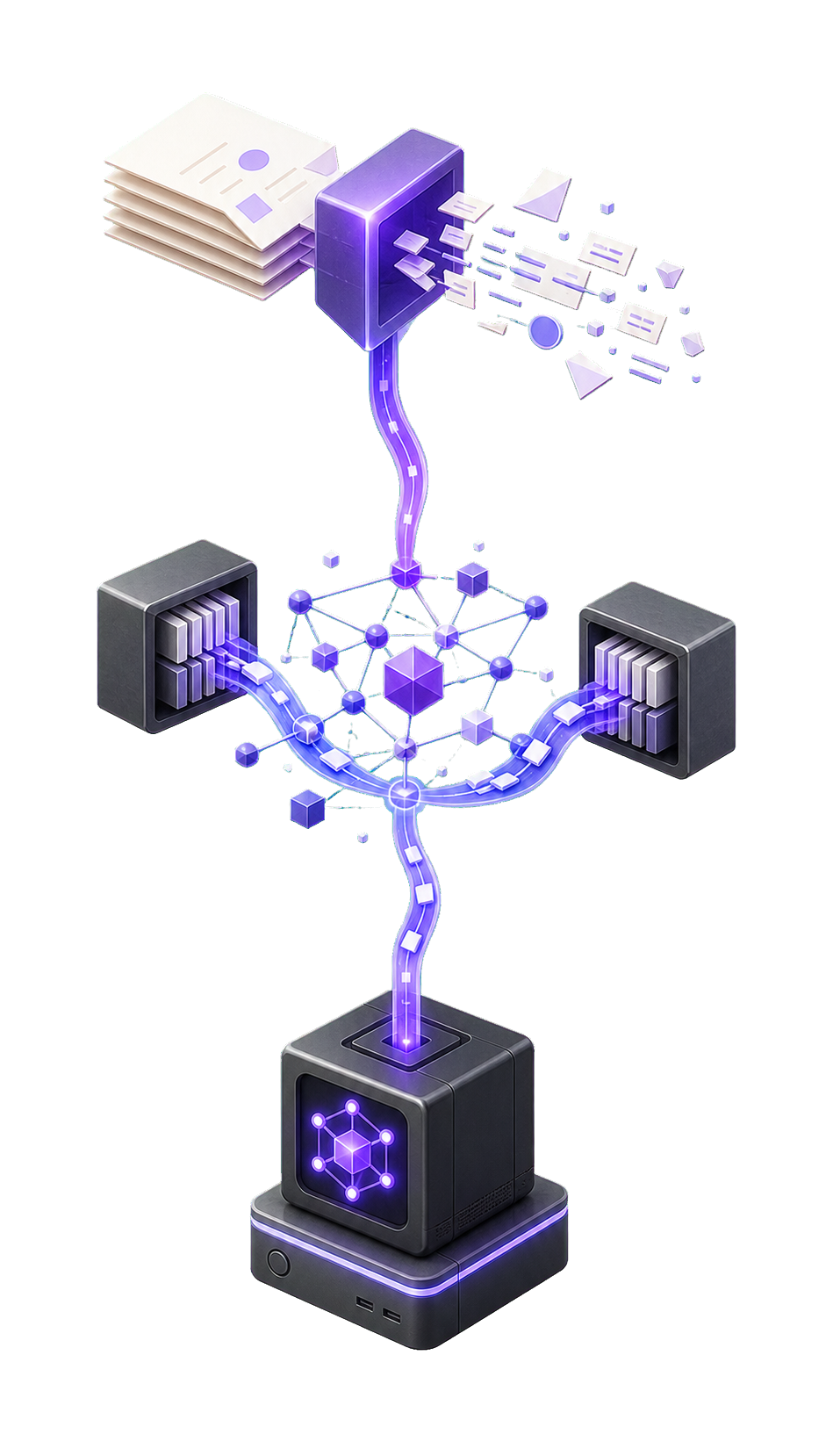 Conceptual RAG pipeline: documents enter a knowledge layer, pass through embeddings and retrieval, and connect to local language-model infrastructure.