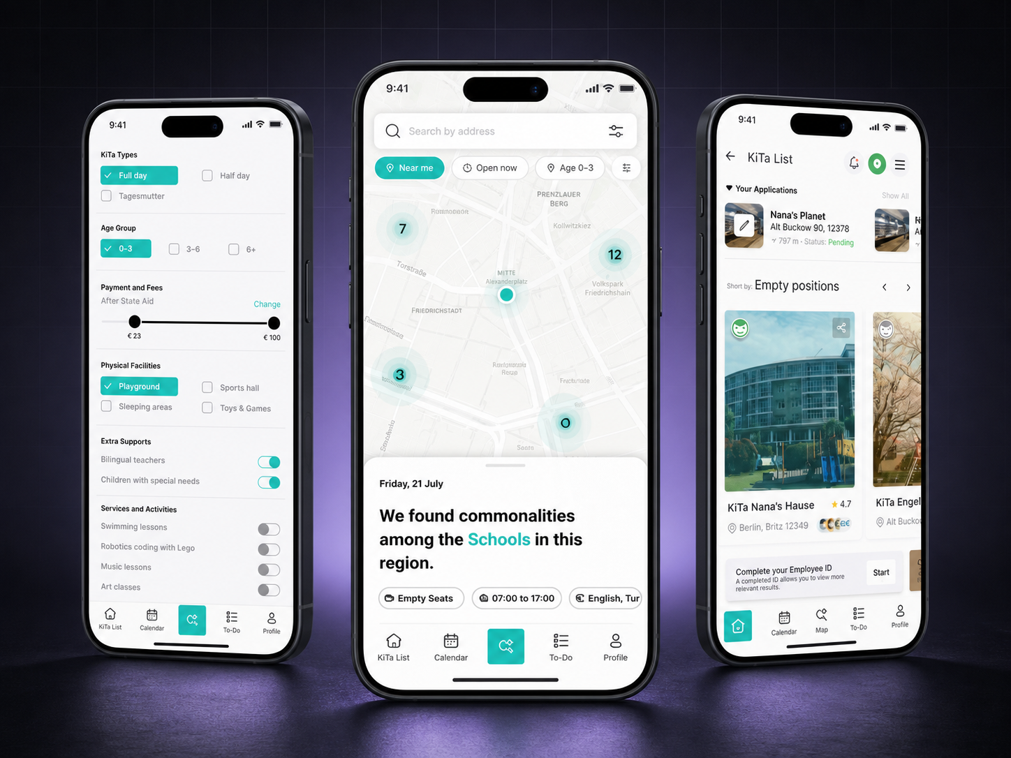 KiTaFinder childcare discovery app shown across three mobile screens