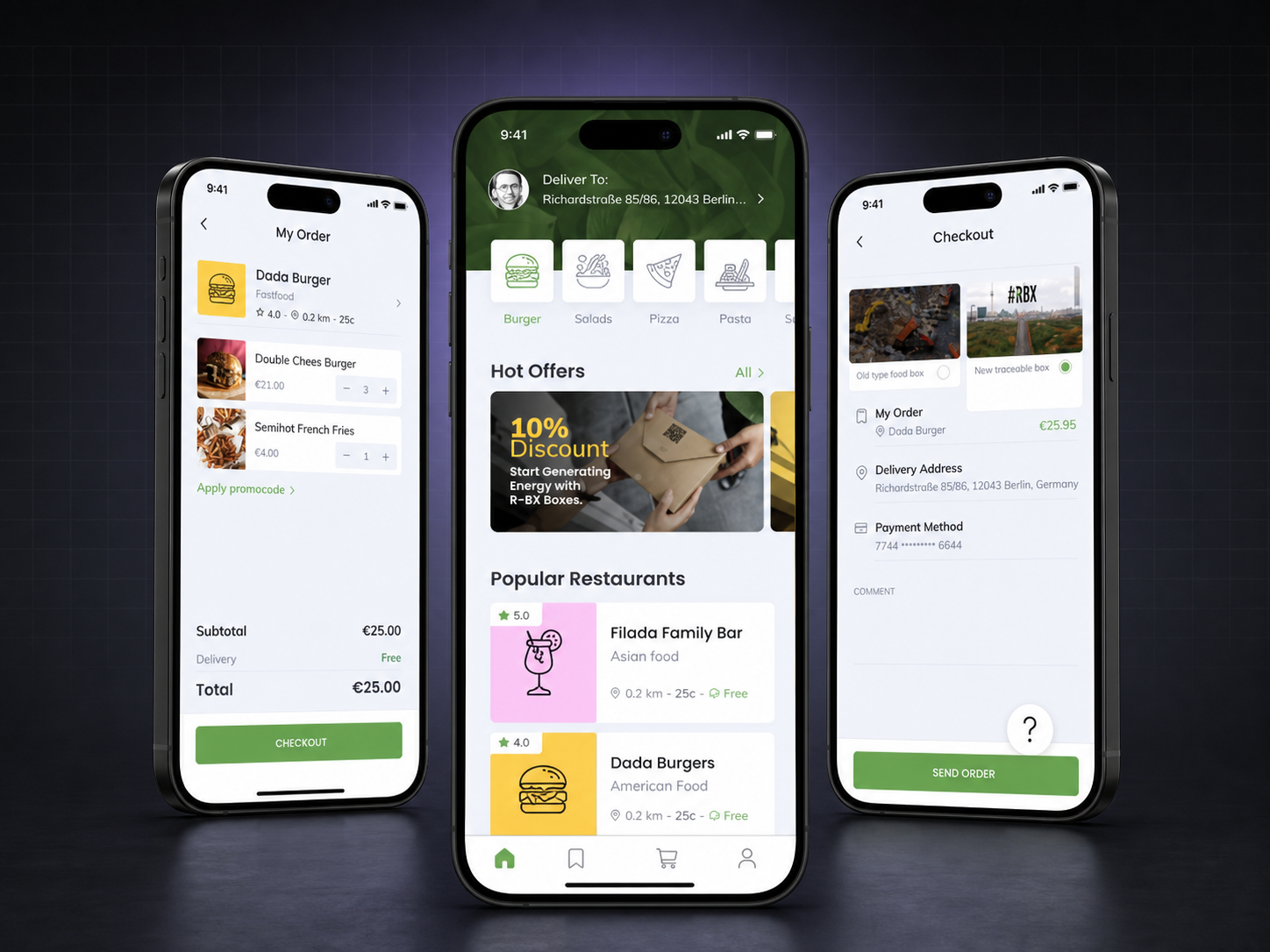 RBX circular food delivery app shown across three mobile screens