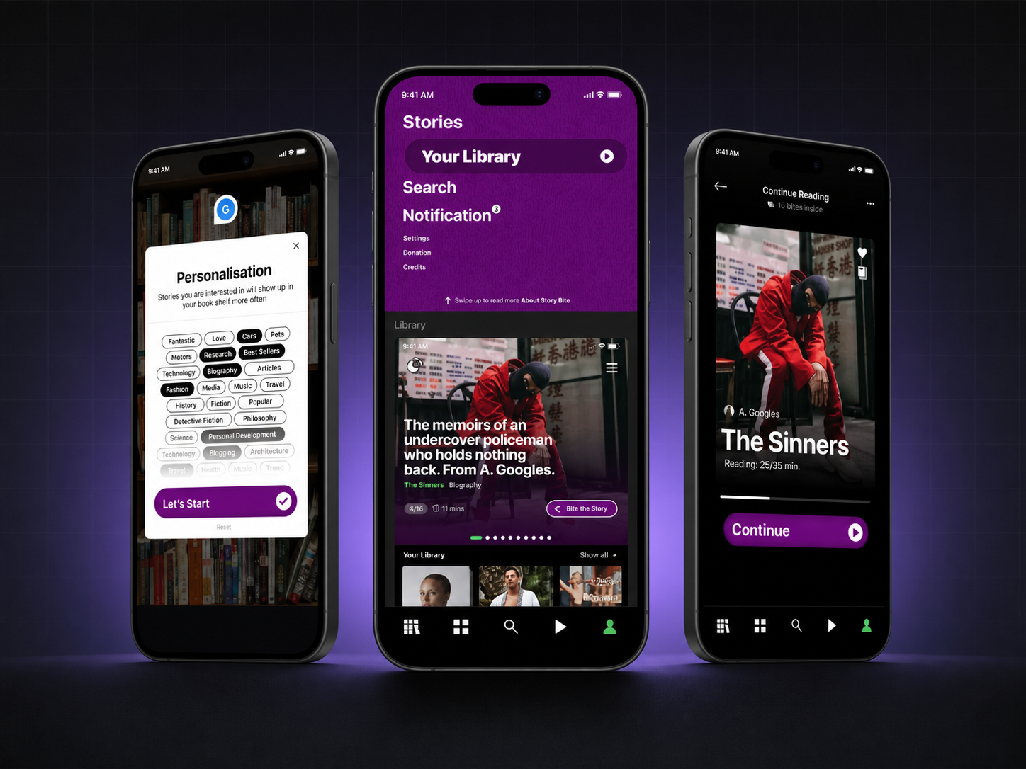 Story Bite personalised reading app shown across three mobile screens
