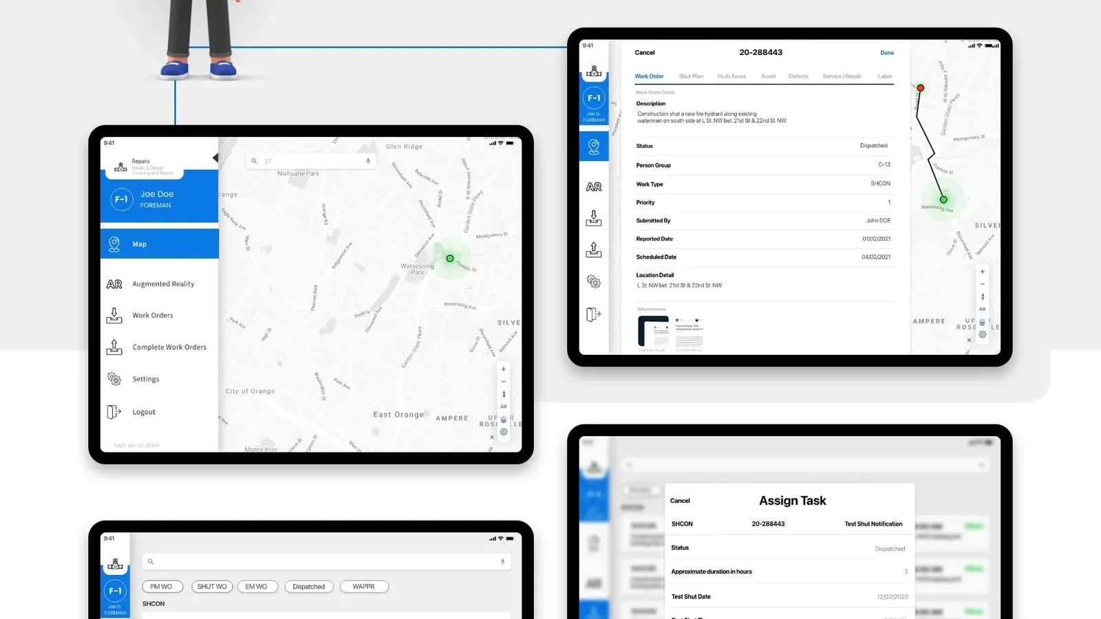 City Maintenance tablet screens showing map-based work orders, task details and assignment states.