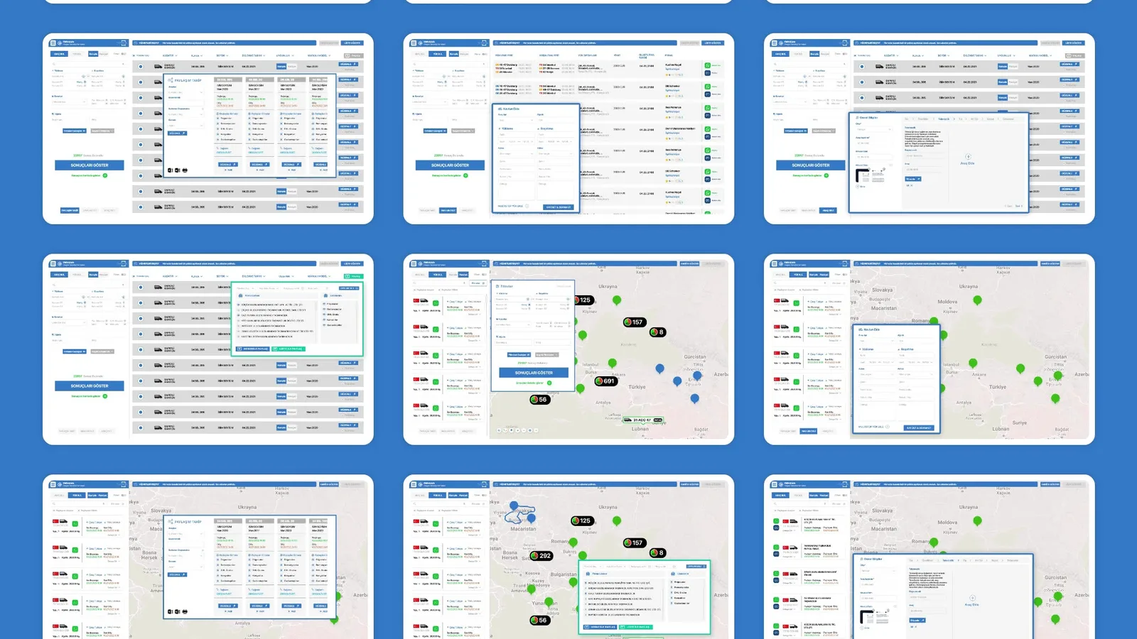 Cropped presentation image showing Oregon Fleet logistics interface screens with tables, maps and dialogs.