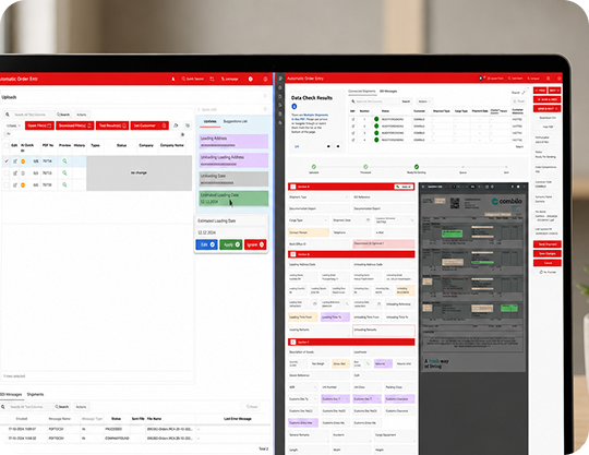 Railflow data-processing interface with tabular records and detail panels.
