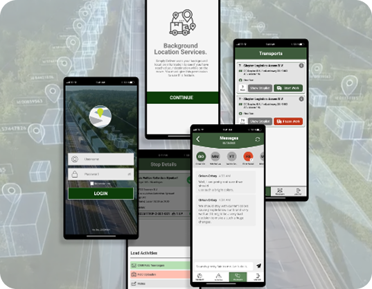 Railflow driver app screens showing login, trip information and messages.