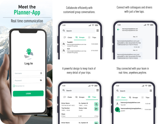 Railflow planner app screens showing conversations, trips and real-time communication.