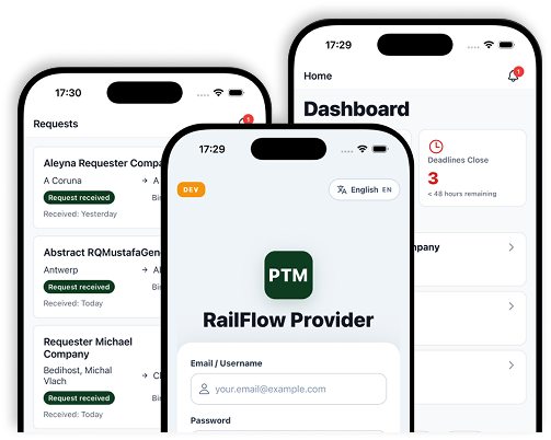 Railflow mobile and desktop product interface mockups.