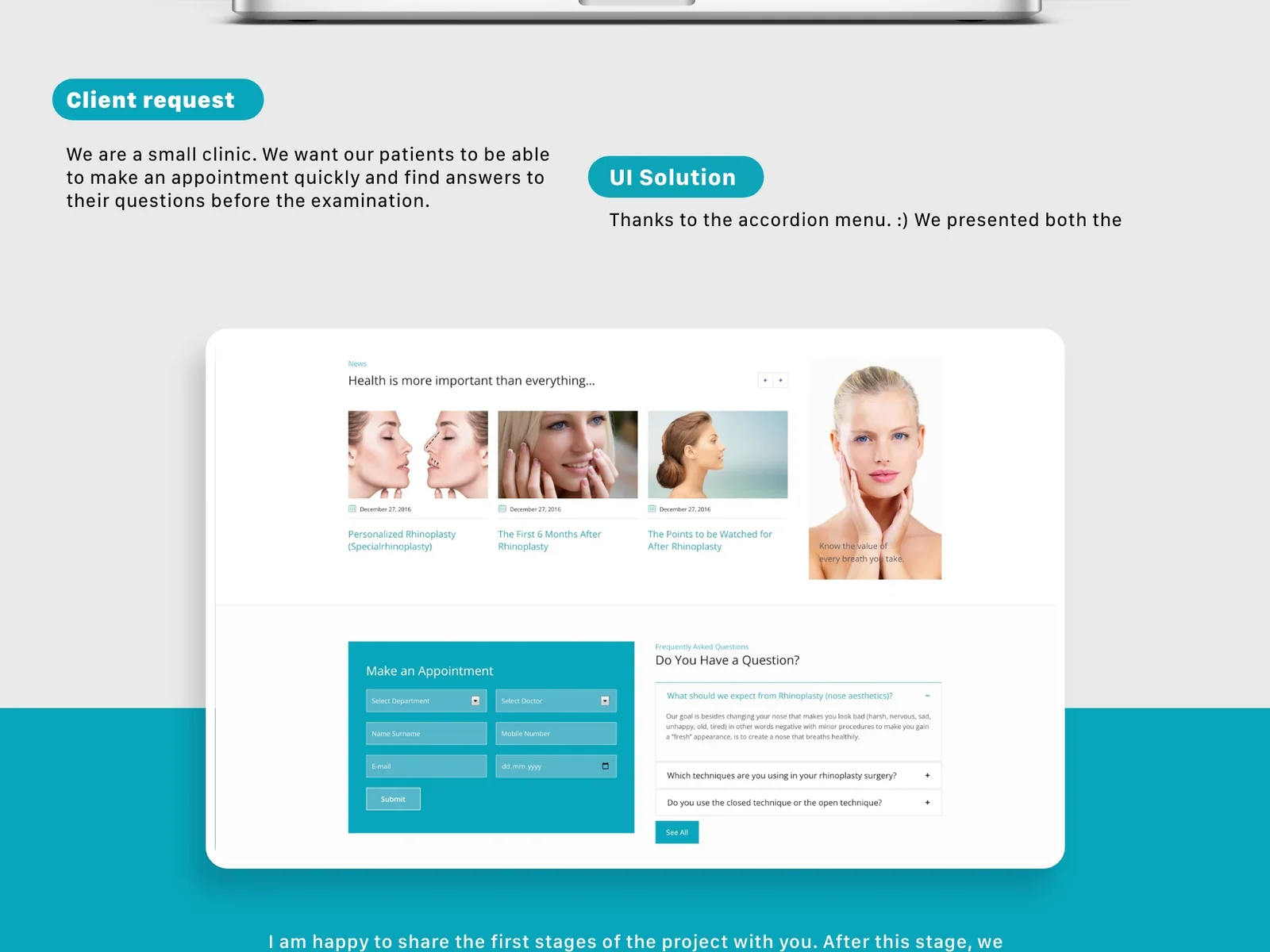 Clinic website screens showing structured service information, appointment access and FAQ content.