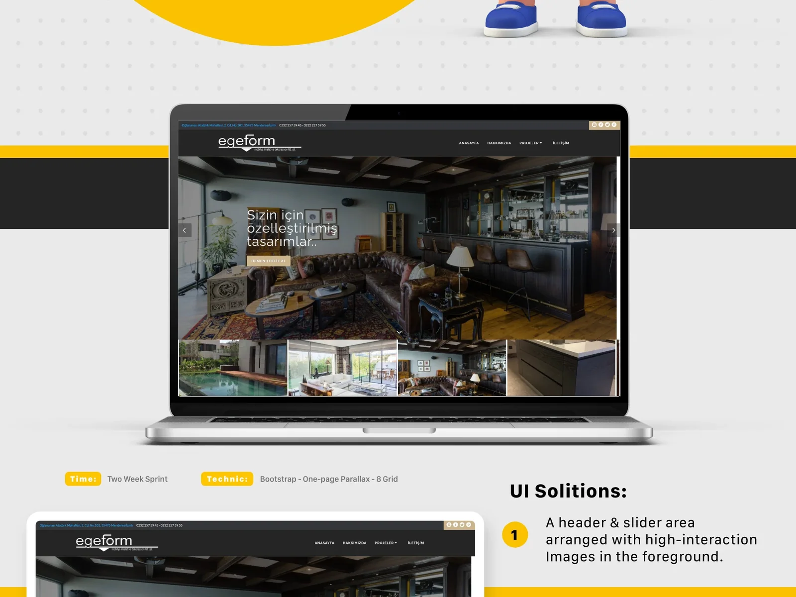 Egeform furniture website shown on a laptop with responsive mobile screens and product imagery.