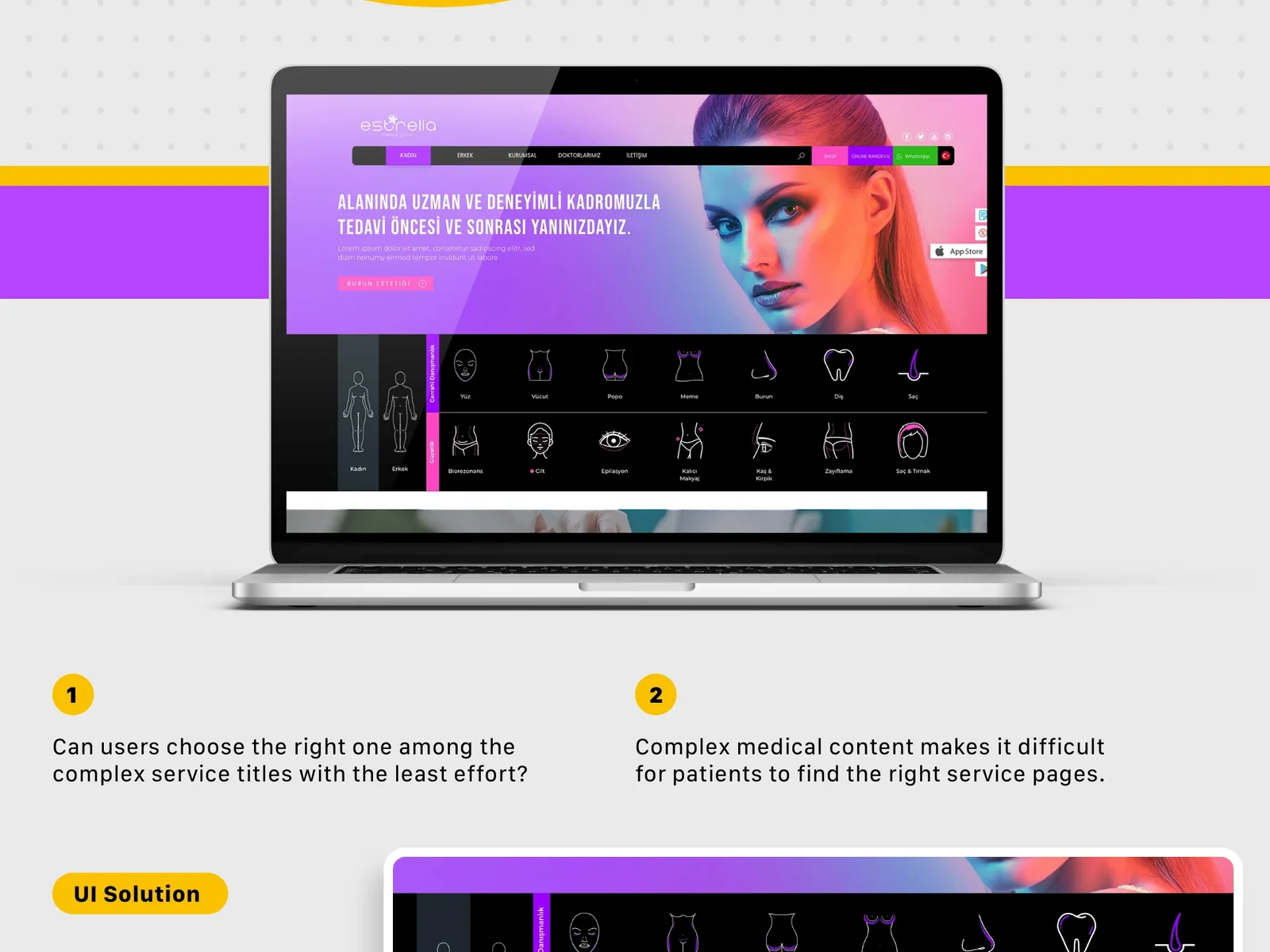 Estrella Esthetic website interface showing visual service categories and a treatment navigation area.
