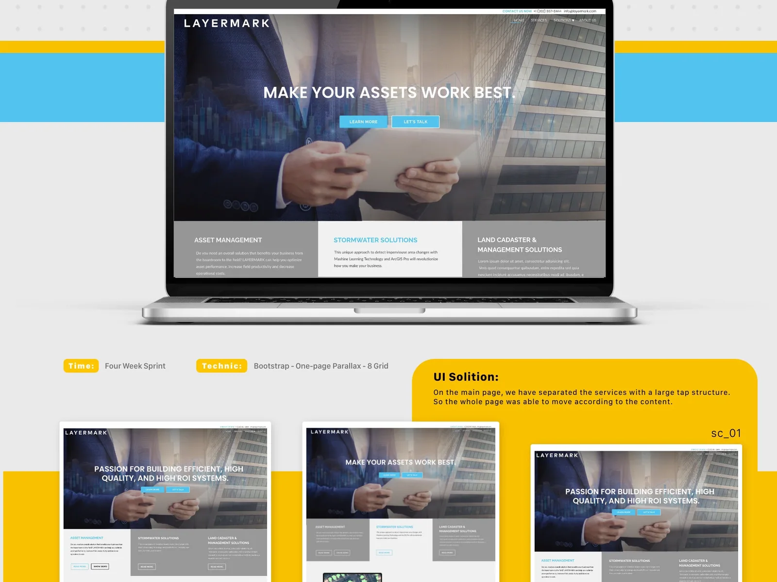 Layermark website screens arranged across a laptop and long responsive page layouts.