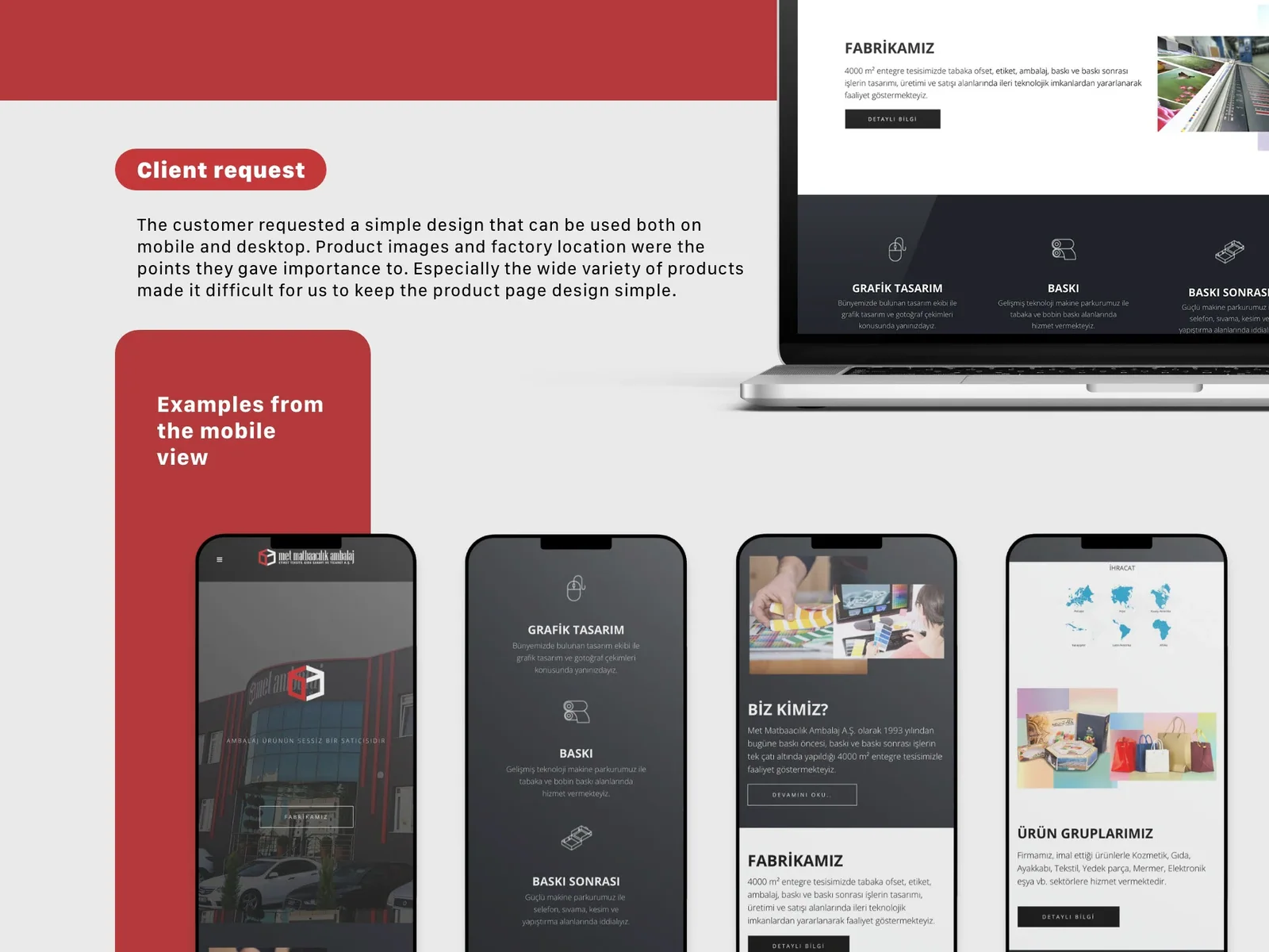 Met Ambalaj responsive website views showing a catalogue page on laptop and product pages on mobile screens.