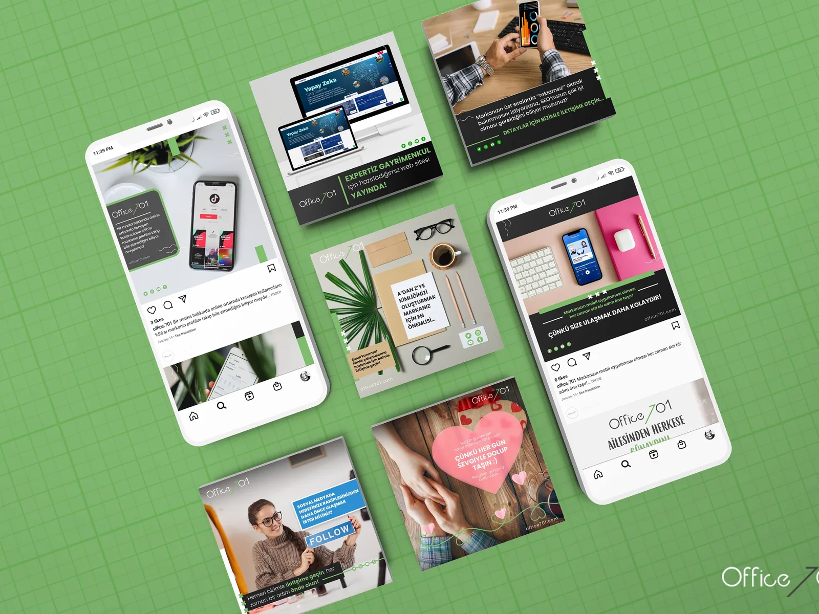 Office701 social media formats arranged across mobile posts and campaign graphics.
