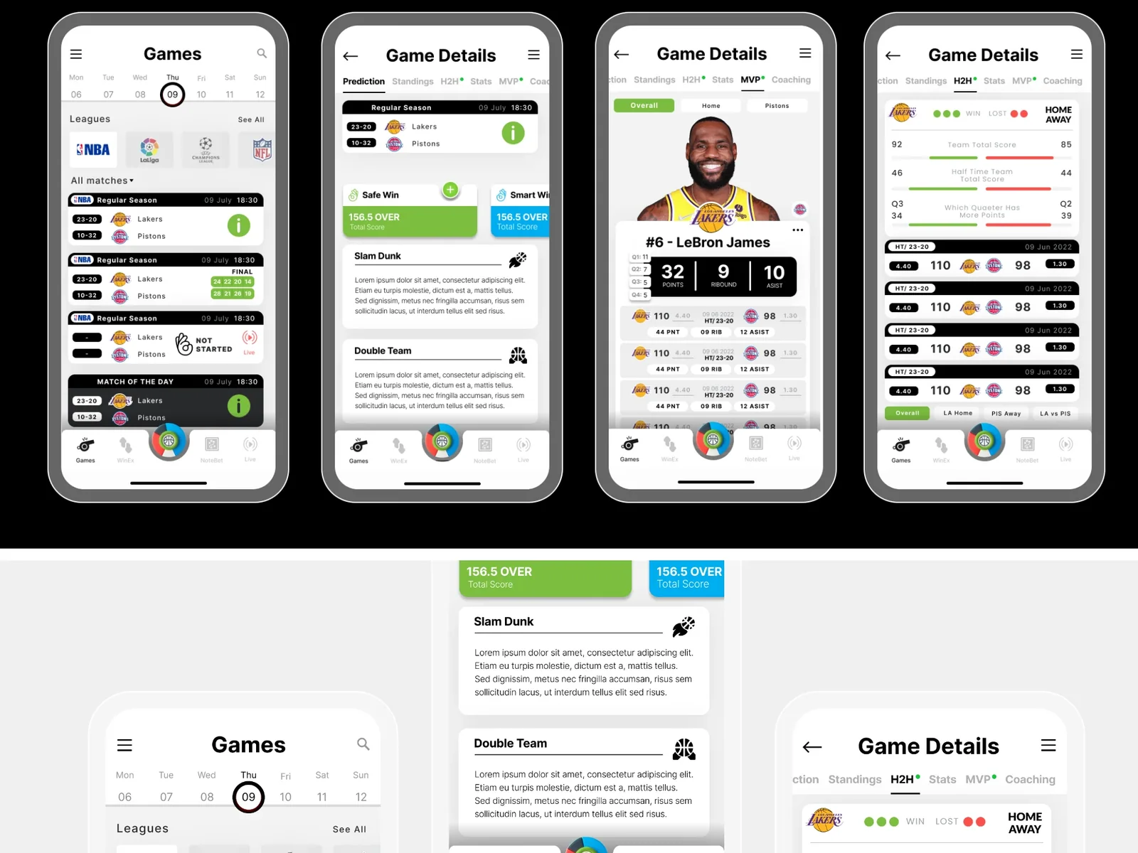 Sports prediction app screens showing games, match details and player statistics across mobile views.