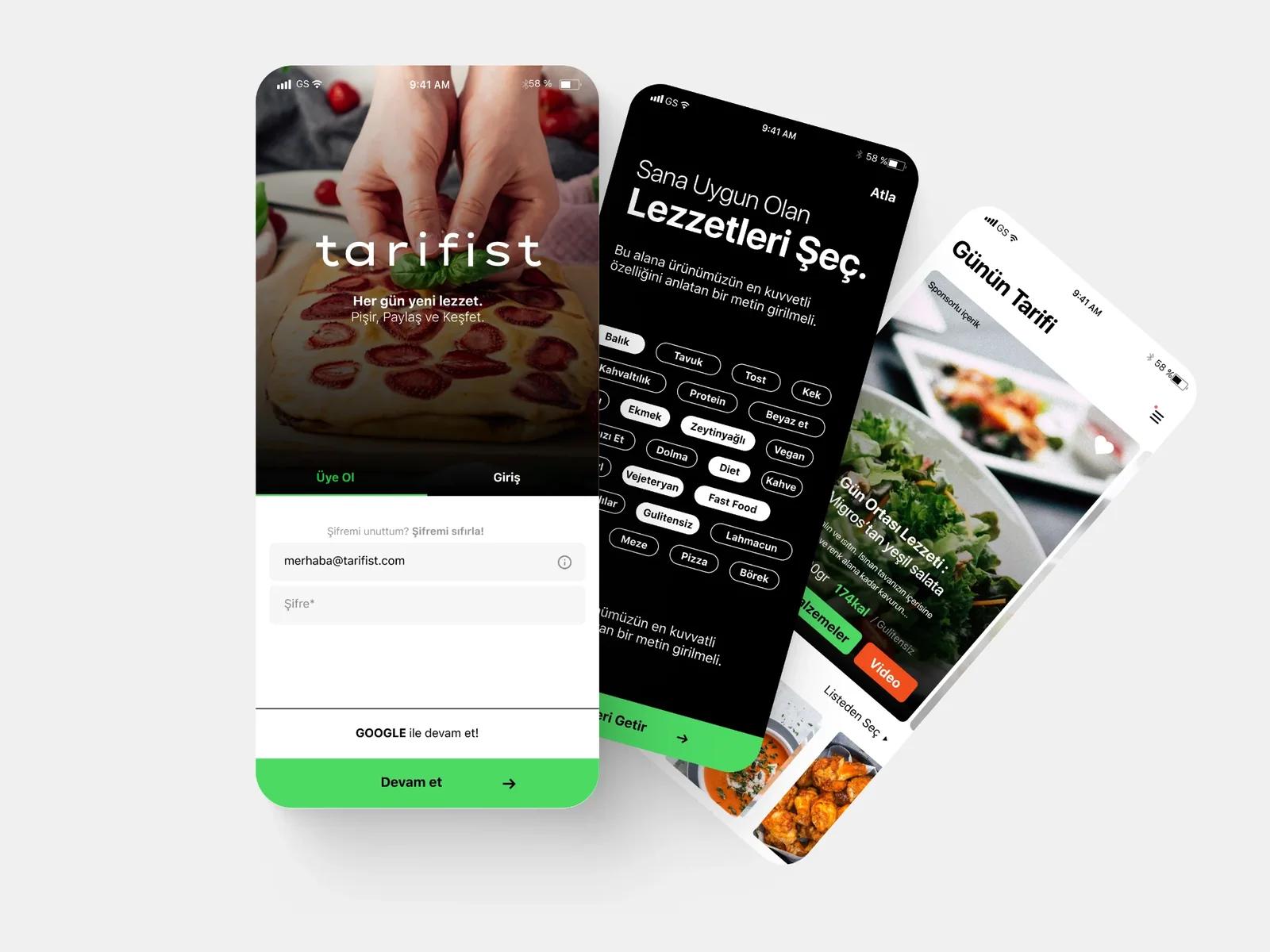 Tarifist mobile screens combining recipe discovery, preference selection and food content sharing.